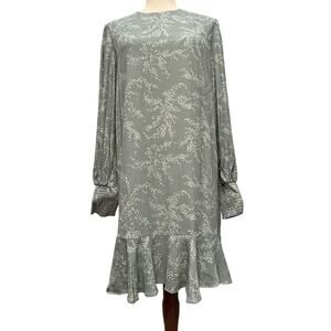 English Factory Puff Sleeve Ruffle Hem Dress Gray Green Size S NWT